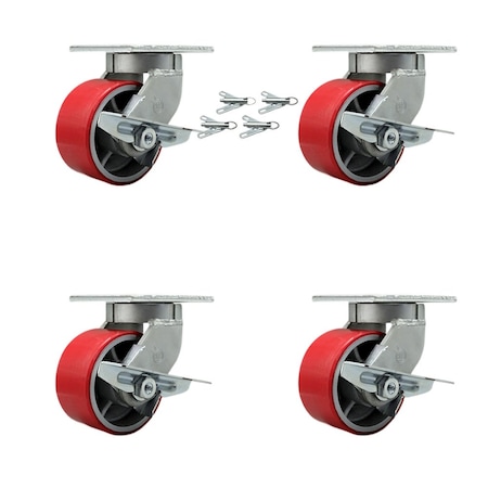 Service Caster 6'' Heavy Duty Red Poly on Cast Iron Caster Set with Brake and Swivel Lock, 4PK CRAN-SCC-KP92S630-PUR-RS-SLB-BSL-4
